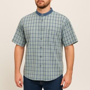 Vintage Bugle Boy Gold Crest Plaid Shirt XL Denim Collar 90s Cotton Short Sleeve